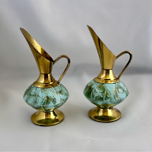 VTG DELFT HOLLAND 6.5” Brass Marbled Ceramic Pitcher Vase Hand Painted Blue Gold - Picture 1 of 7